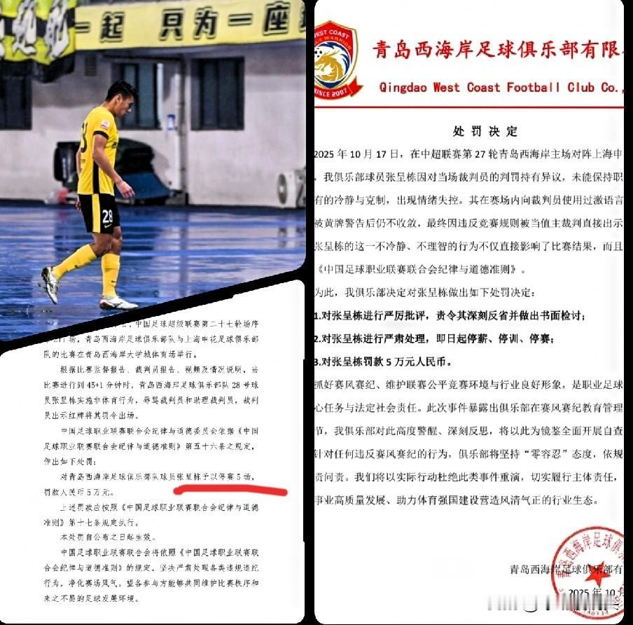 青岛西海岸官方：停训！停赛！停薪！罚款5万中足联：停赛5场！罚款5万张呈栋：