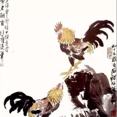 1947年除夕，徐悲鸿为挚友刘金涛作画，刚画完两只公鸡，突然停电了。一时间没办法