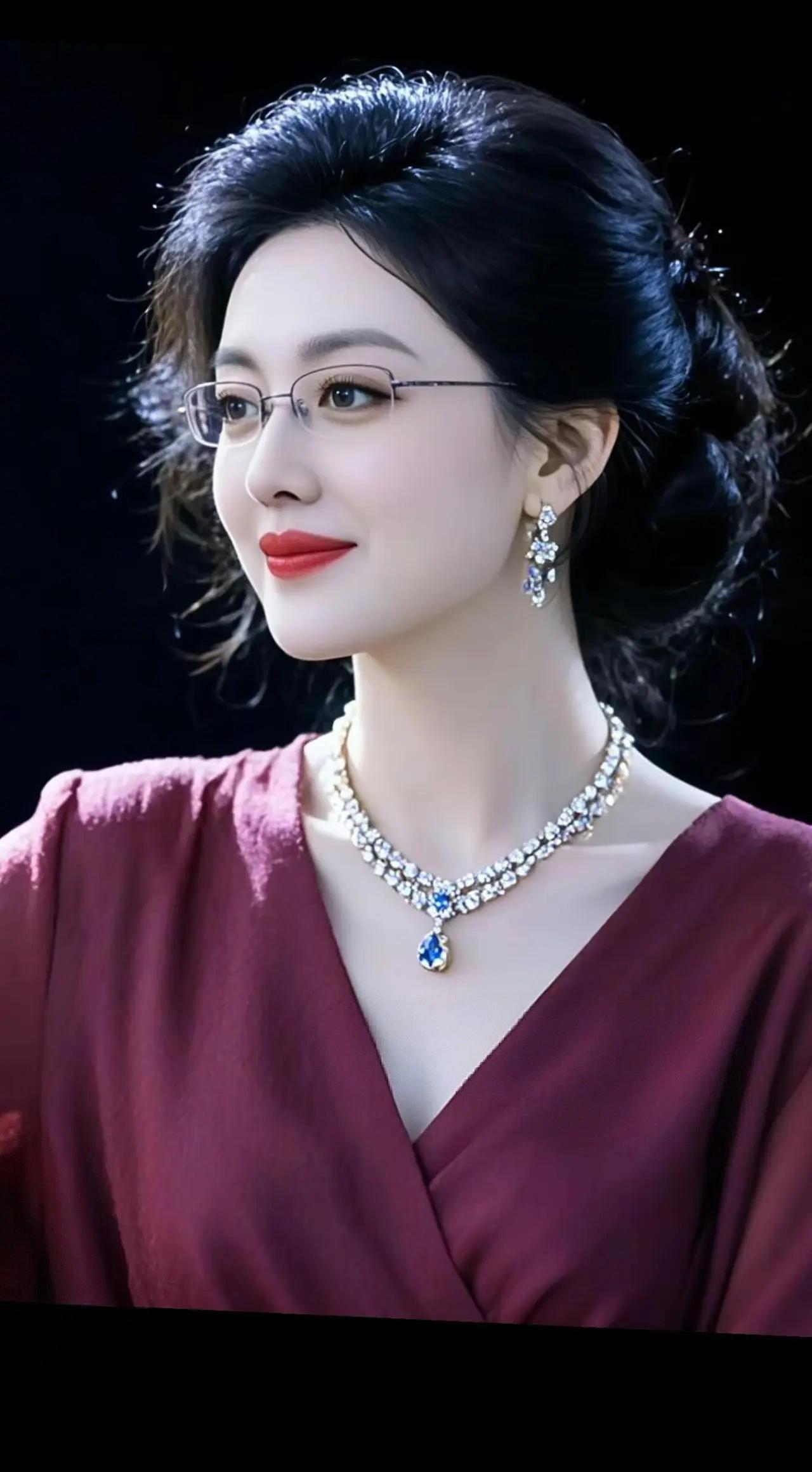 哇，这套珠宝首饰真是太闪耀了，戴在她的颈间，显得优雅又迷人。