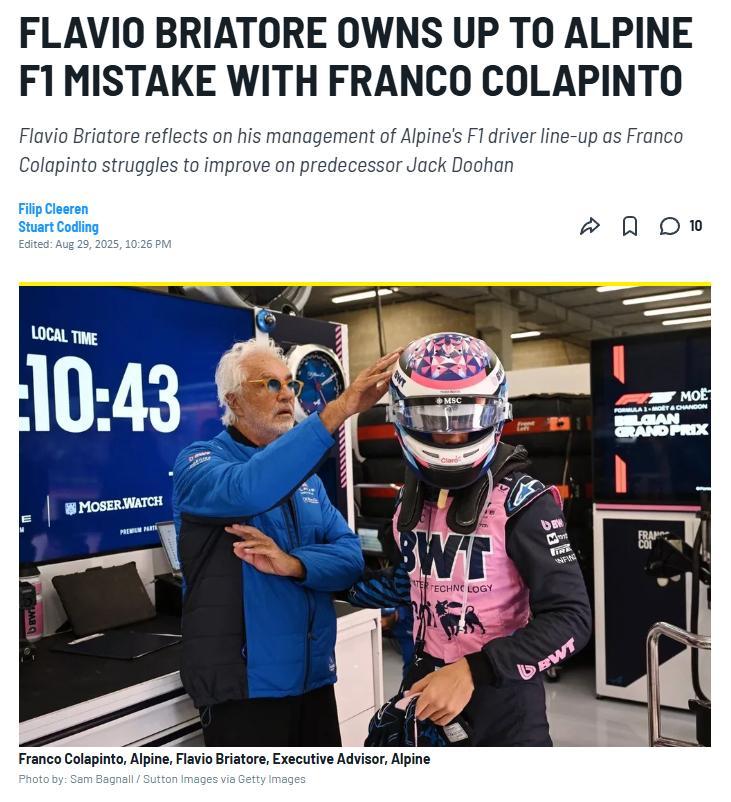 布里亚托利反思了他对于Alpine车手阵容的管理决策，并承认他可能给科拉平托施加