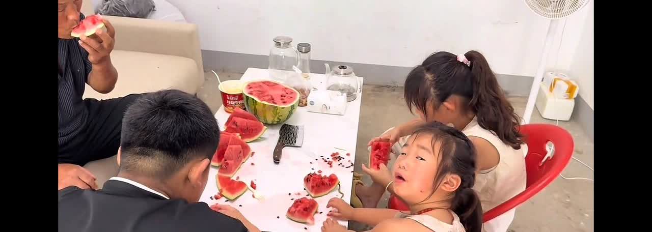 阿杜说依依去姥姥家饿的瘦了阿杜叮嘱几个孩子吃完西瓜不要扔西瓜皮，要留着喂猪