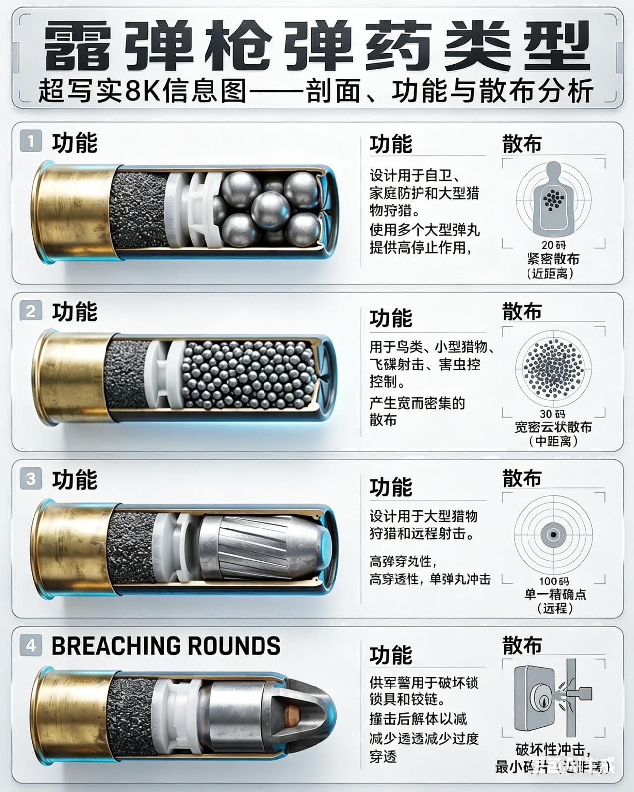 一张图看懂霰弹枪的4种主流弹药，不同弹种的结构、威力和用途，差别巨大1️⃣