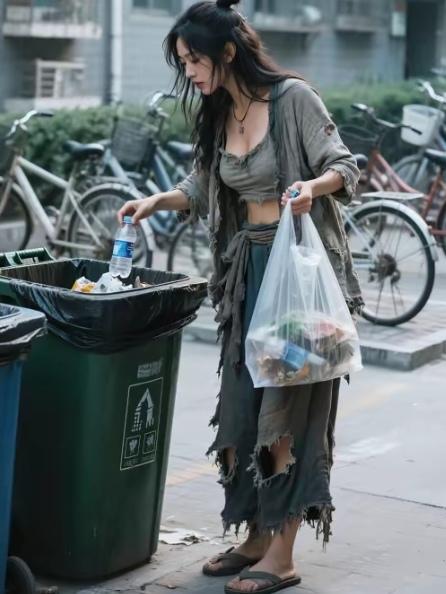 上午在小区里闲逛，突然瞅见一位超漂亮的美女，居然在垃圾桶旁捡垃圾！我心里“咯噔”