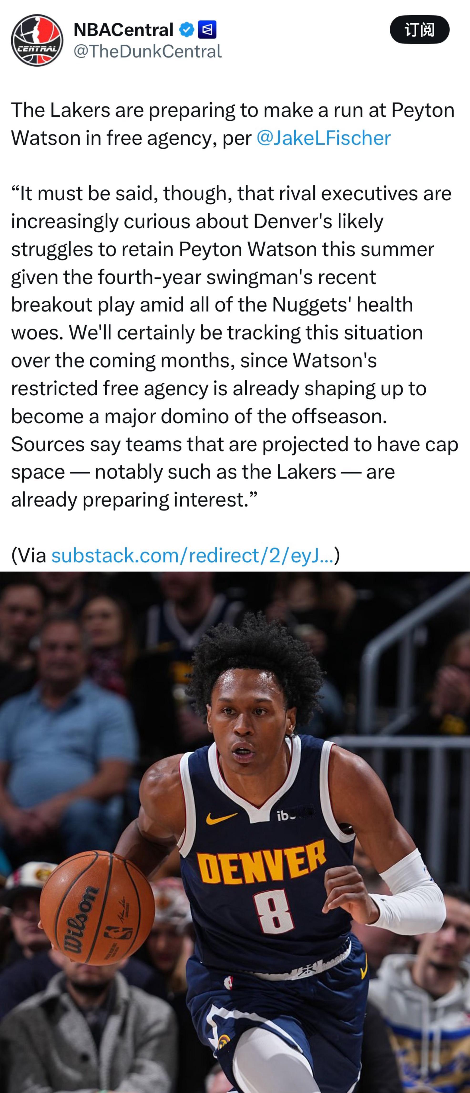 Fischer：湖人正准备在自由球员市场上追求佩顿-沃特森。不过必须指出的是，随