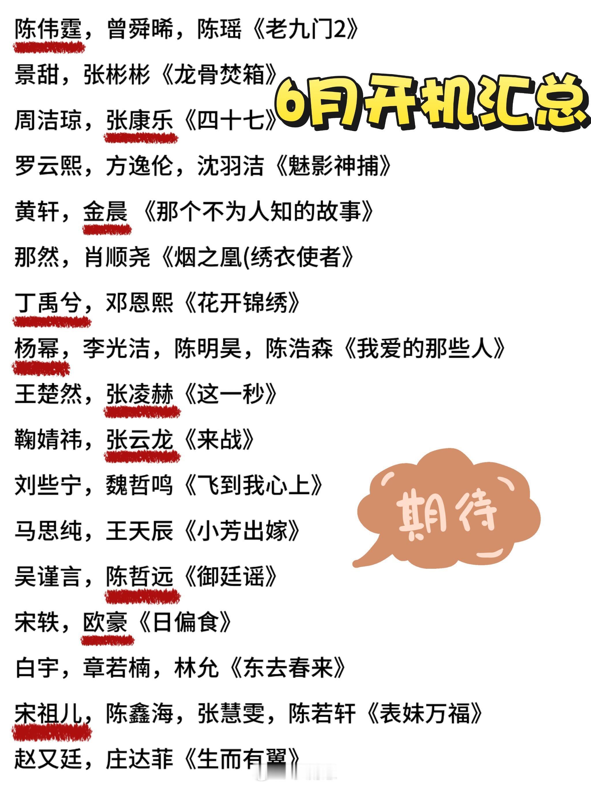 6月开机汇总‼️陈伟霆，曾舜晞，陈瑶《老九门2》景甜，张彬彬《龙骨焚箱》周洁琼，