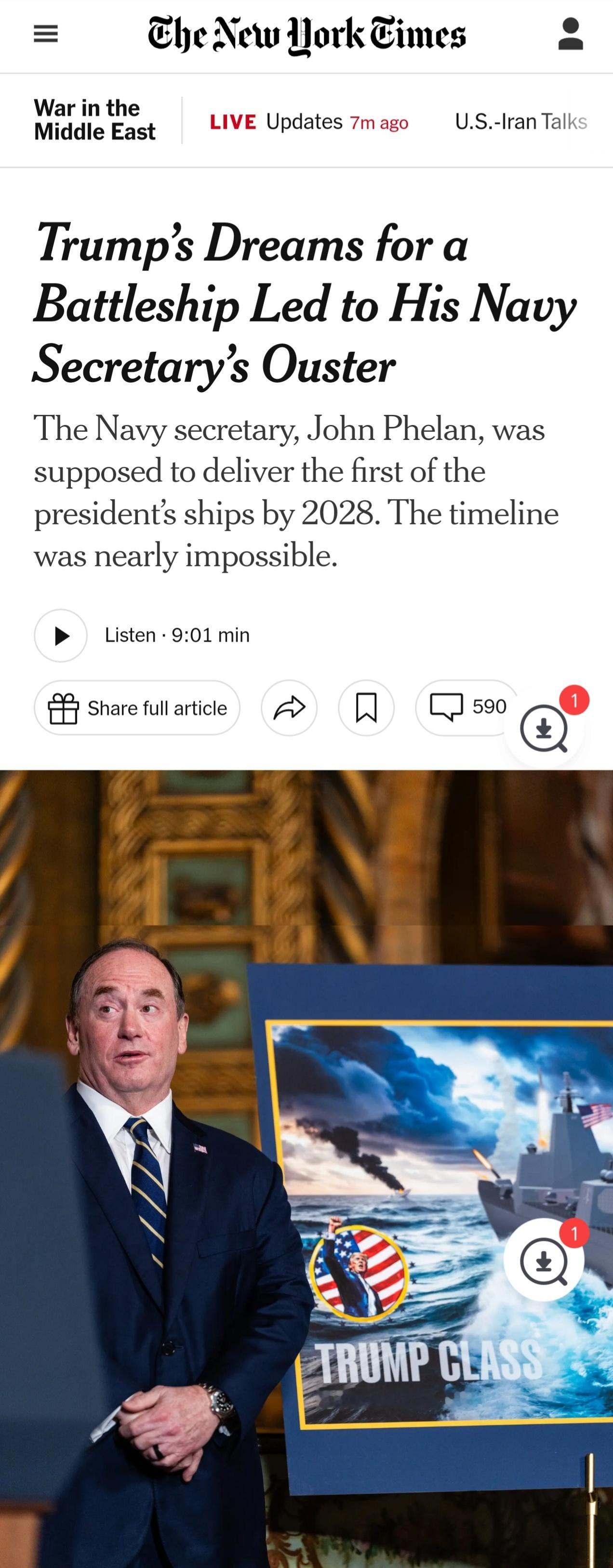 NYT：海军部长被解雇，竟是因筹办赢宗大王级战列舰不力川普竟然想让海军部长和五