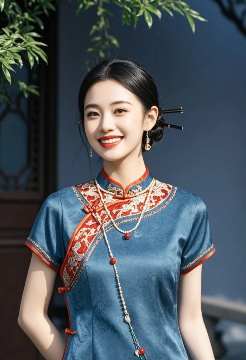现代中式美人穿蓝色旗袍立于庭院，美得像一幅会呼吸的工笔画