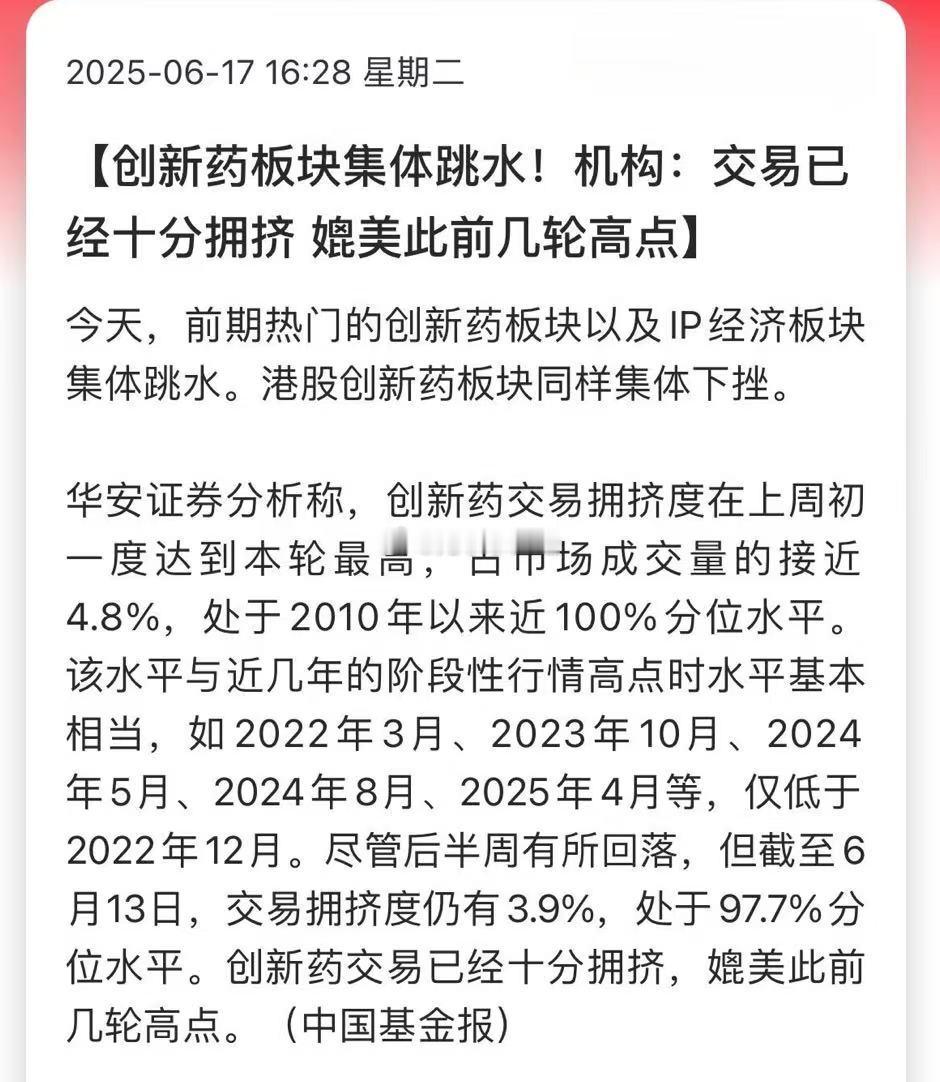 创新药板块集体跳水！机构：交易已经十分拥挤，媲美此前几轮高点。看样子医药，这是
