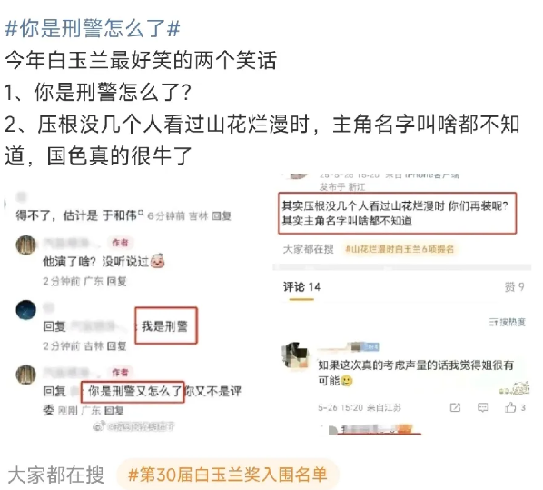 网友：今年白玉兰最大的两个笑话1、你是刑警怎么啦2、压根儿没几个人看