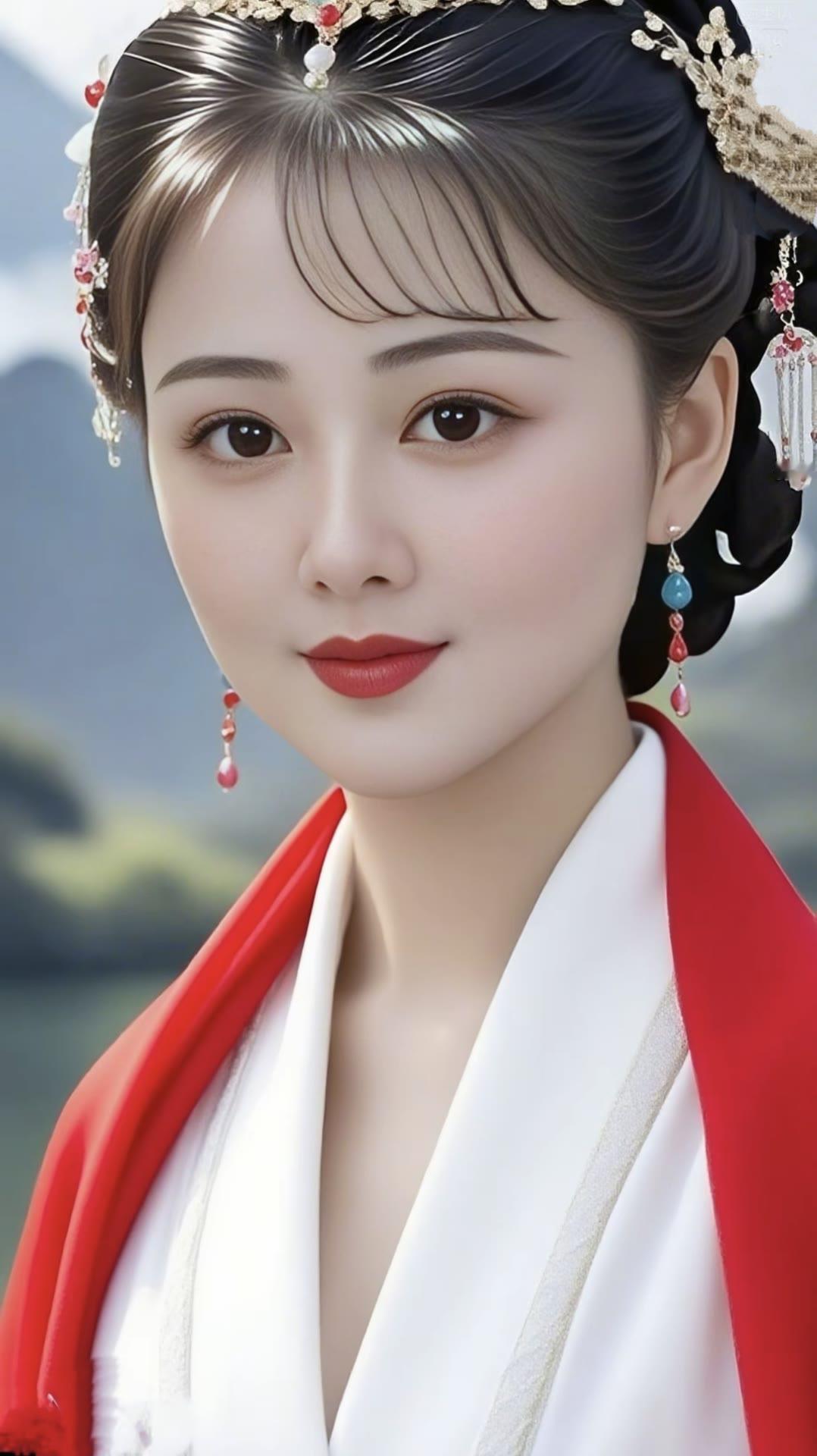 古典美人，红衣飘飘，宛如画中仙子。