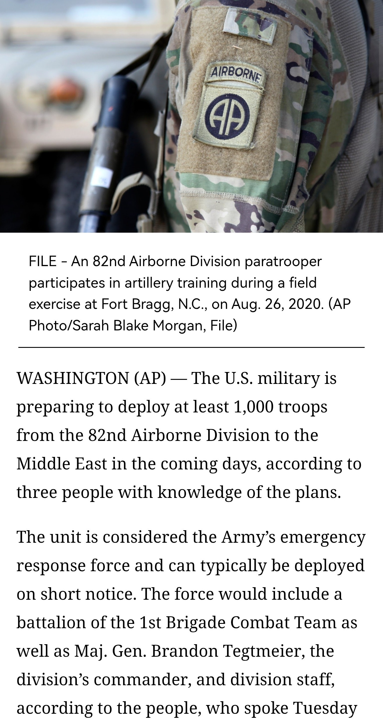 🔻FOX新闻报道，根据知情人士称，美国陆军第82空降师已接到部署准备命令，美国