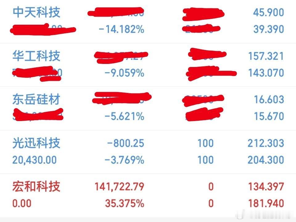 今日操作：宏和科技走了持有：华工科技，中天科技，光迅科技，东岳硅材