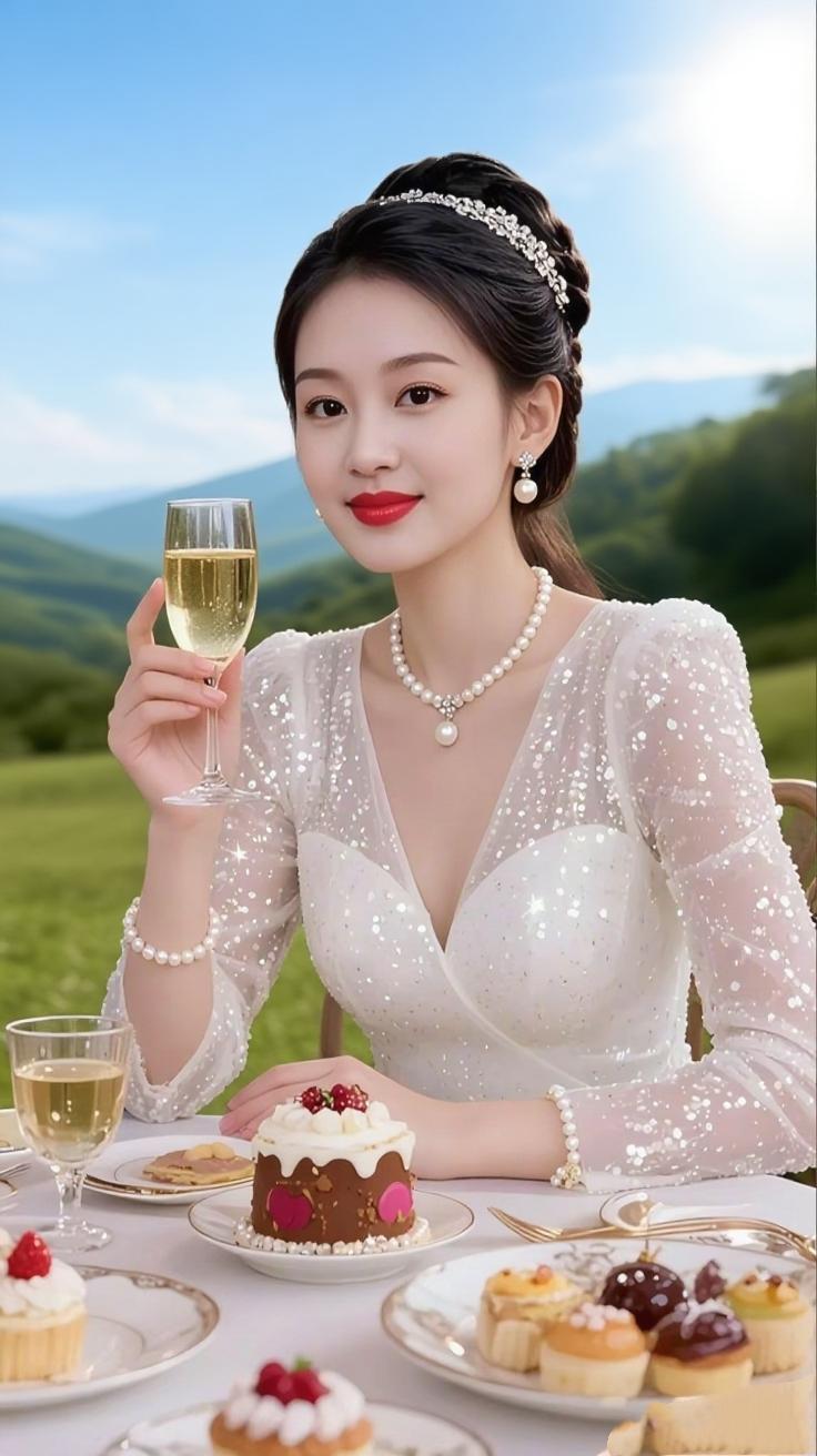 《晴野轻宴》山风裹着草木清气漫过桌沿，白纱上的碎光随她抬腕的动作，摇落满襟