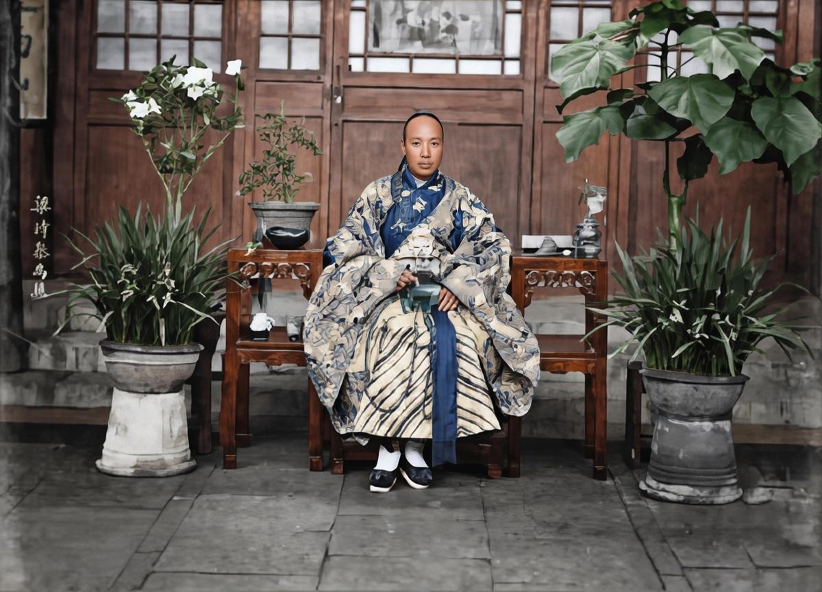 照片是晚清时期，一位地位显赫的宫廷太监瑞福，照片拍摄时他44岁，相貌端正，身着华