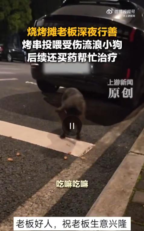 重庆一个烧烤摊老板，遇到一只眼睛受伤的流浪狗，他拿当天卖剩的肉，第二天不能再卖的