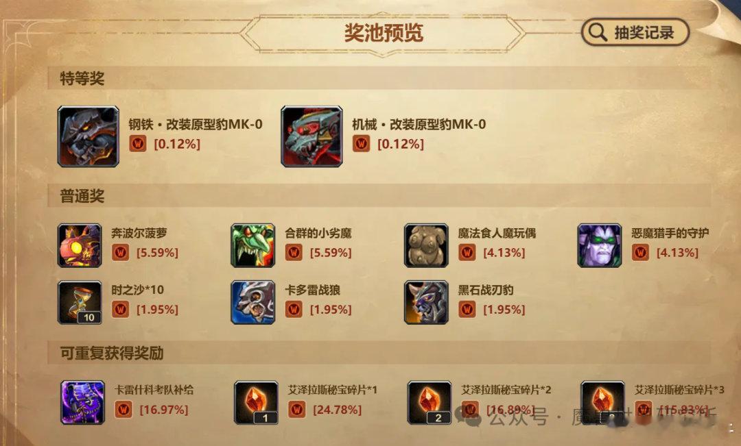 国服公布了艾泽拉斯秘宝的奖池概率，原型豹的概率0.12%！