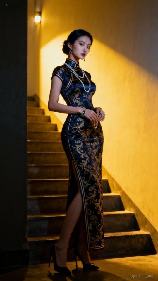 旗袍美女模特楼梯写真。旗袍旗袍美女