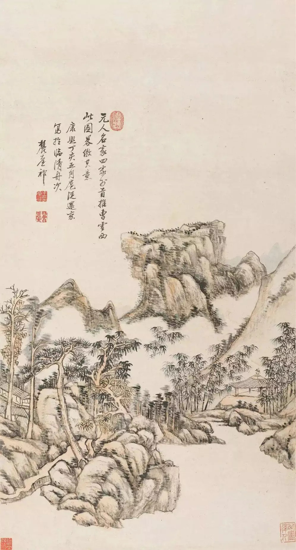 王原祁《云溪草堂》，设色纸本86×46cm。款识：元人名家四家外首推曹云西，此