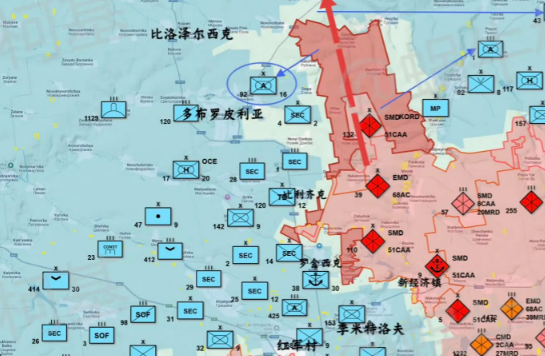 图上看乌军在红军城方向的旅级番号超过30个，多的吓人，但实际上都是些空架子，每个