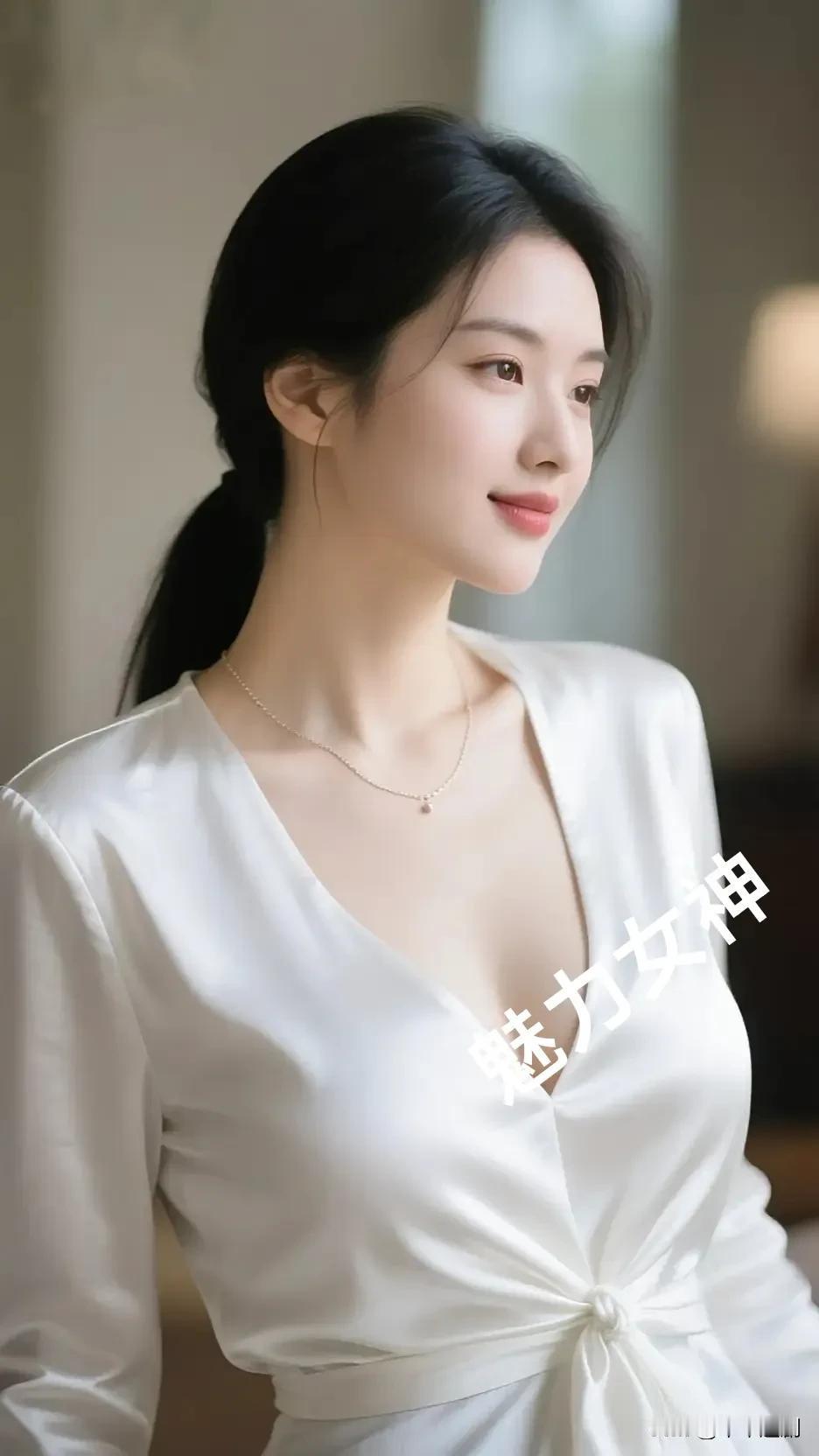 柔光裹着缎面的褶皱，颈间细链坠着细碎的温柔。低马尾挽起松弛的慵懒，唇色轻软，连呼