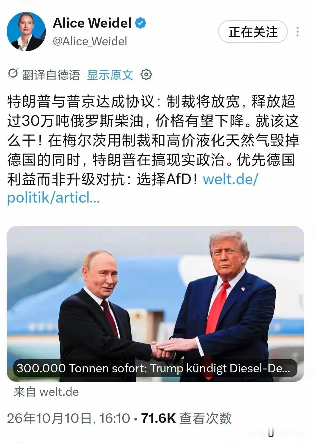 北京时间10月10日，德国选择党联合主席魏德尔公开发声，盛赞特朗普和普京达成的柴