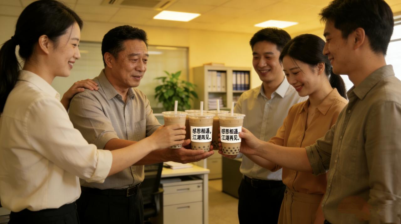 同事老李离职那天，请大家喝奶茶。杯子上的标签写着：“感恩相遇，江湖再见。”大