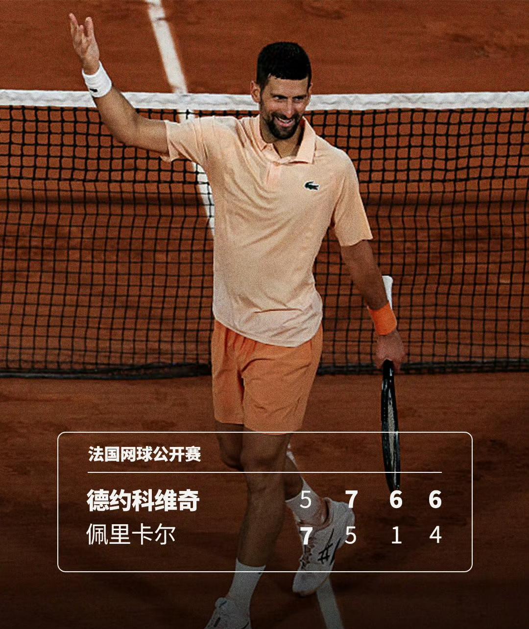 德约科维奇逆转晋级！2026法网男单首轮，德约5-7/7-5/6-1/6-4佩里