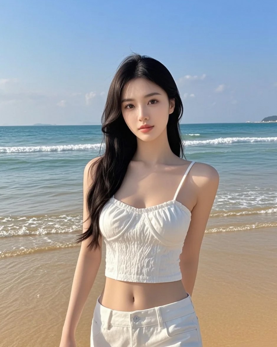她站在沙滩上，静静聆听海的声音