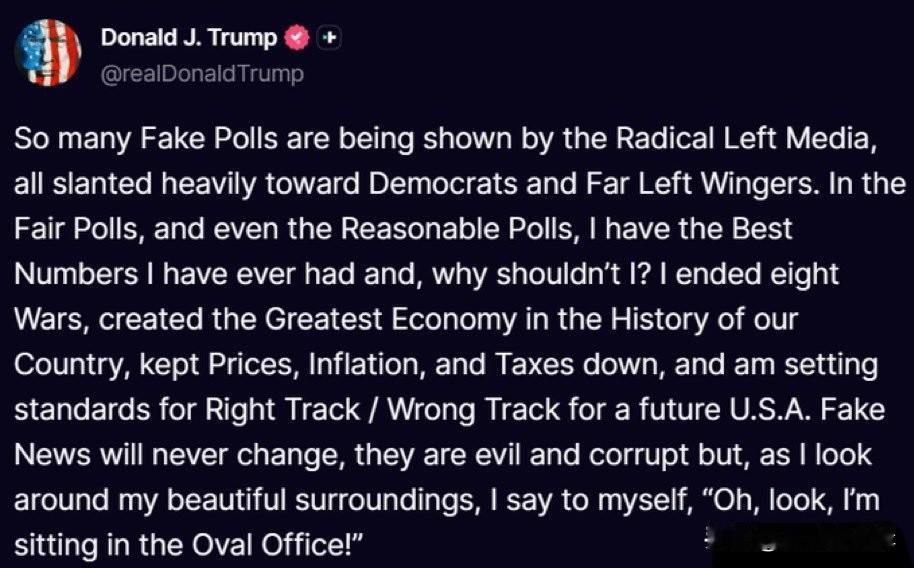 川普：“激进左翼媒体正在展示大量虚假民调，所有这些民调都严重偏向民主党人和极左翼