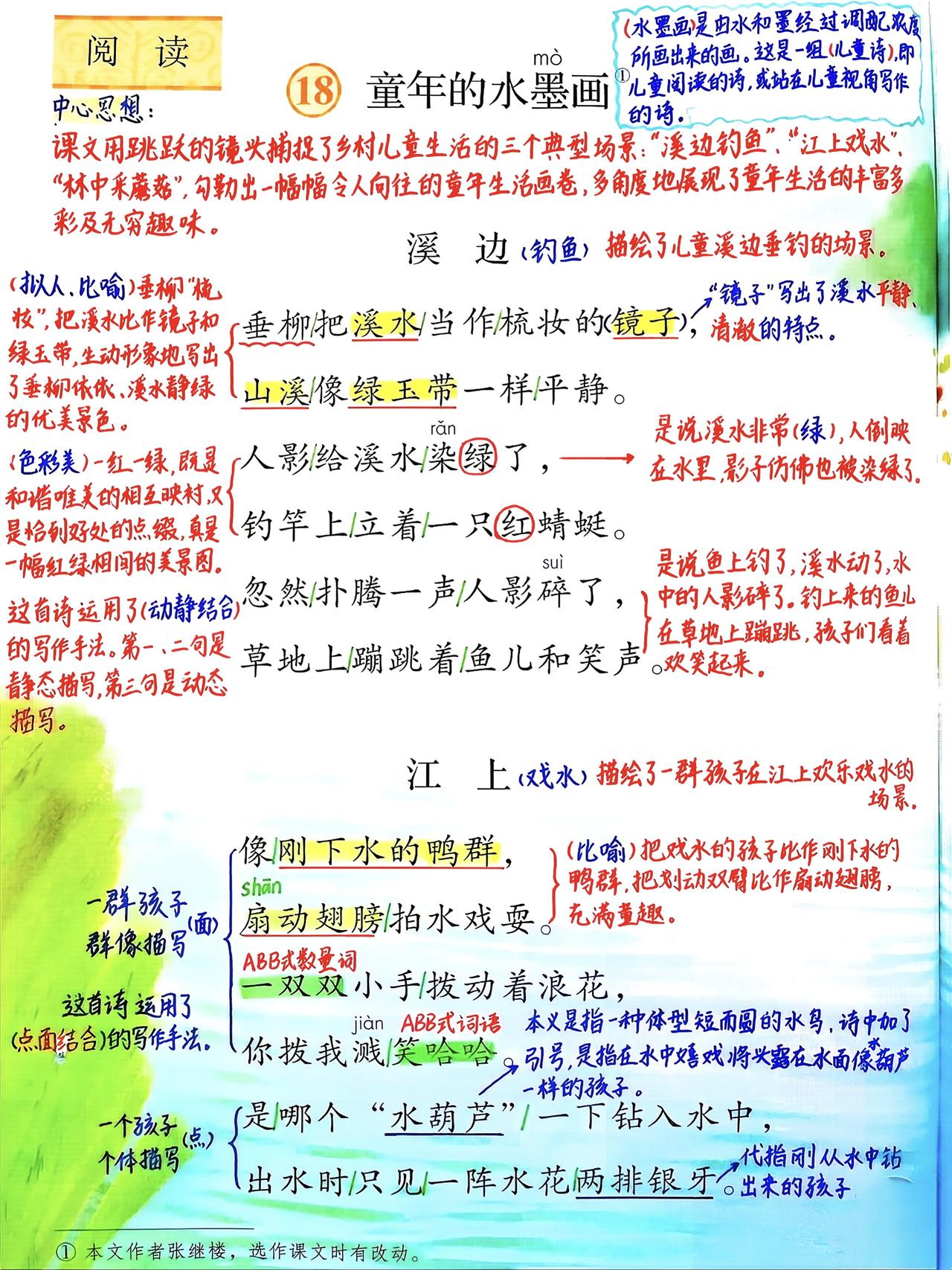三年级下册语文，第六单元第18课《童年的水墨画》课堂笔记，收藏备用三年级语文