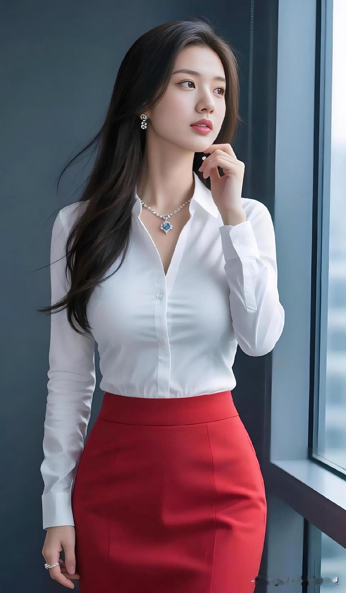 白衬衫与红裙碰撞鲜明色彩，窗边凝眸远望，简约干练中透出知性优雅。