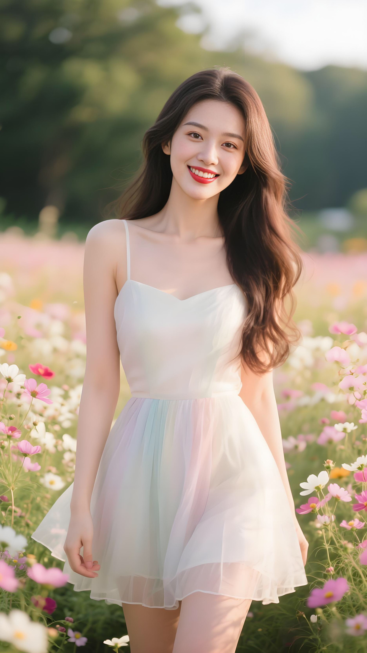 花间倩影步履轻，浅笑盈盈春意暖。韶华易逝当珍重，不负青春好时光。