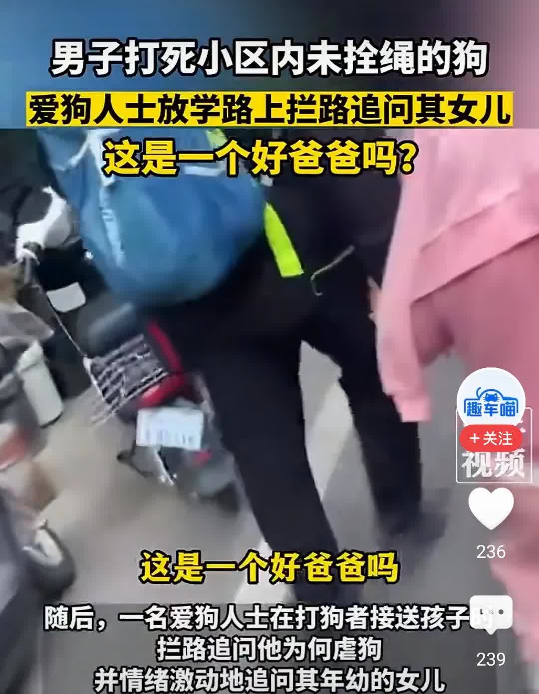 男子打死小区内一只未栓绳的狗。一名爱狗人士在打狗者接送女儿放学回家的路上，拦路追