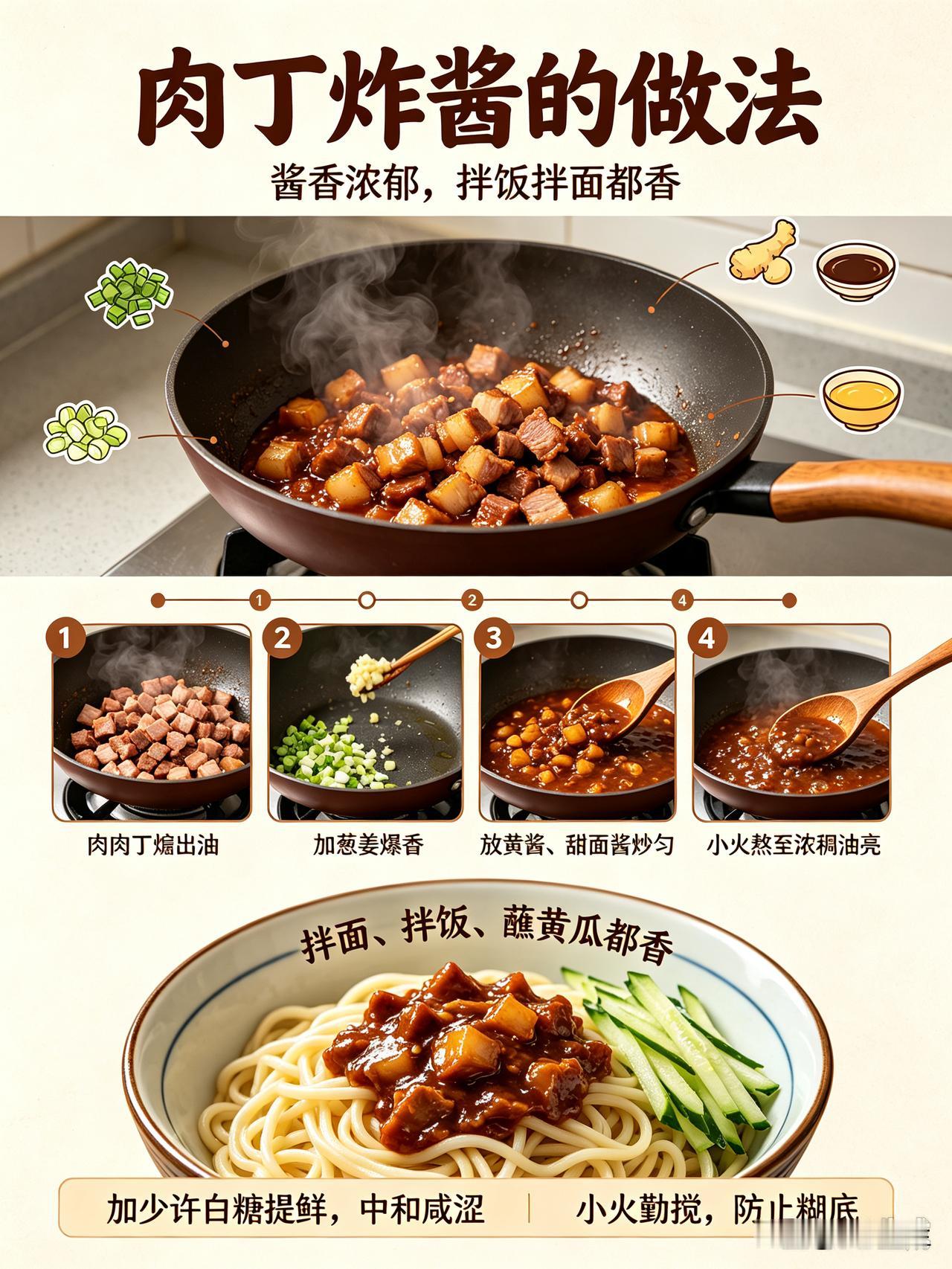 家常肉丁炸酱，拌饭拌面都香。五花肉切小丁，下锅煸炒出油，炒到肉丁微焦。加入葱花姜