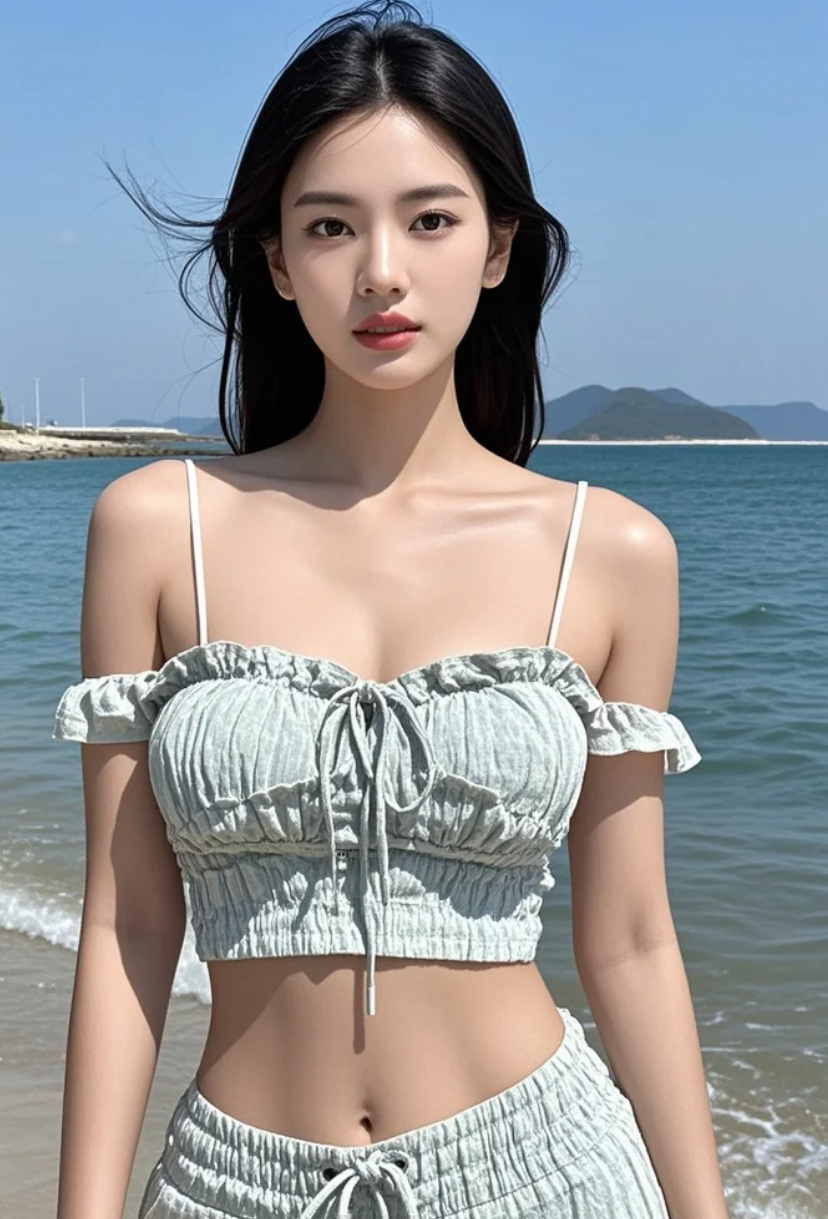 绝色美女海边静坐，仿佛时间静止
