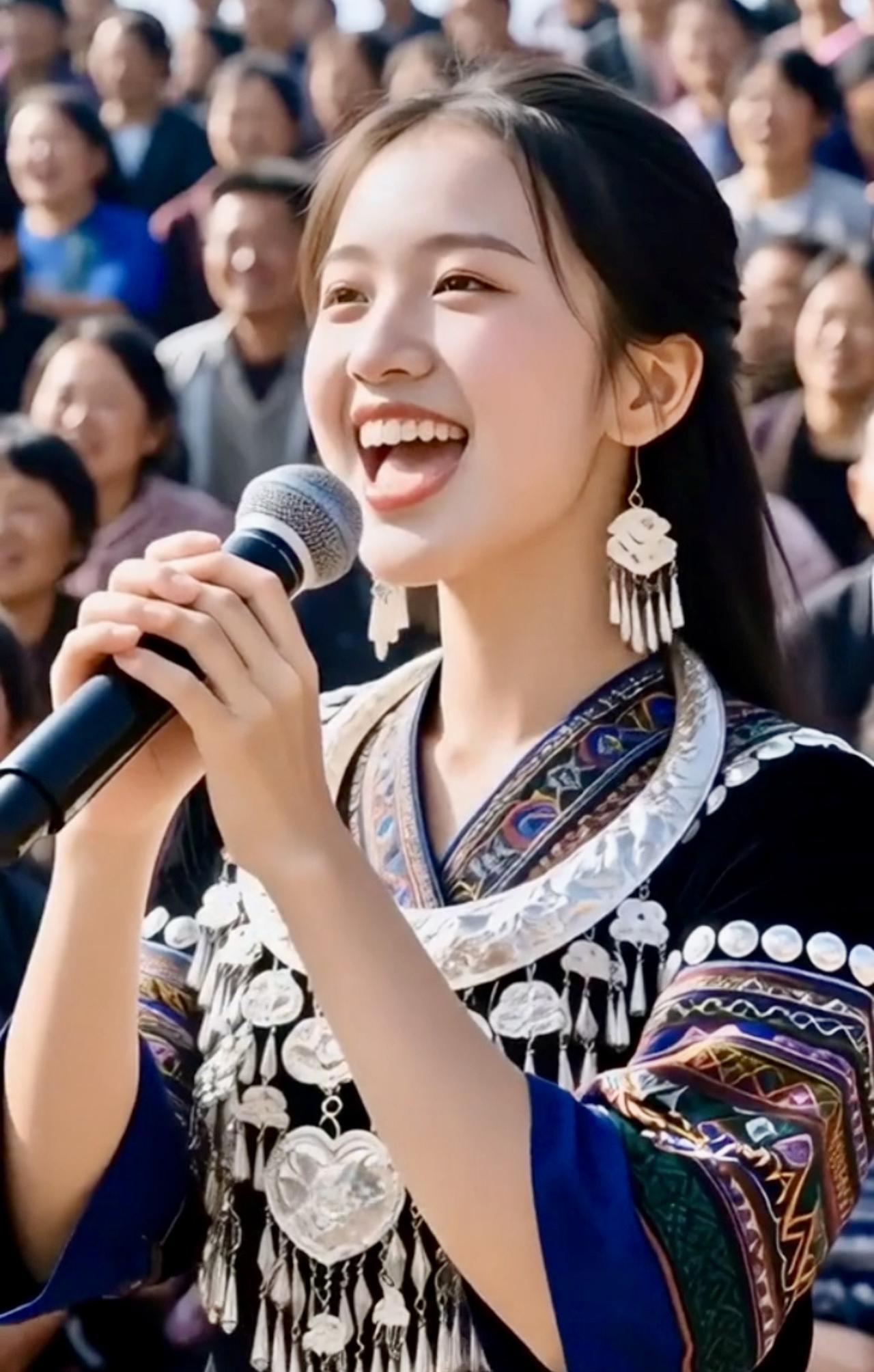 七律·苗女欢歌苗寨晴光漾彩罗，姑娘笑靥映山河。银铃缀袂风前响，玉韵盈喉云外过