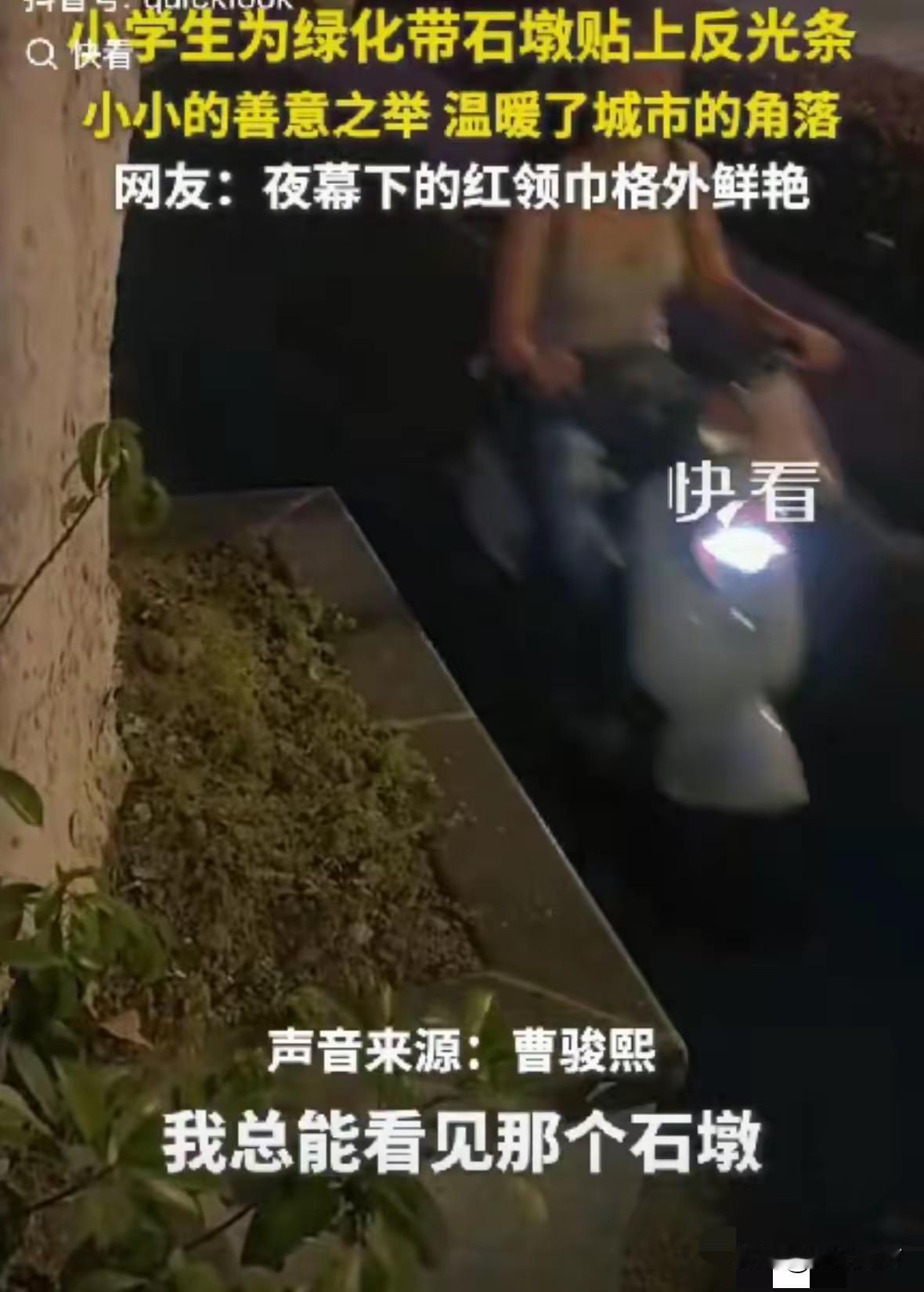 “人怎么可以这么聪明！”南京，一小学生发现路上绿化带石墩，天黑时老是看不清，于是