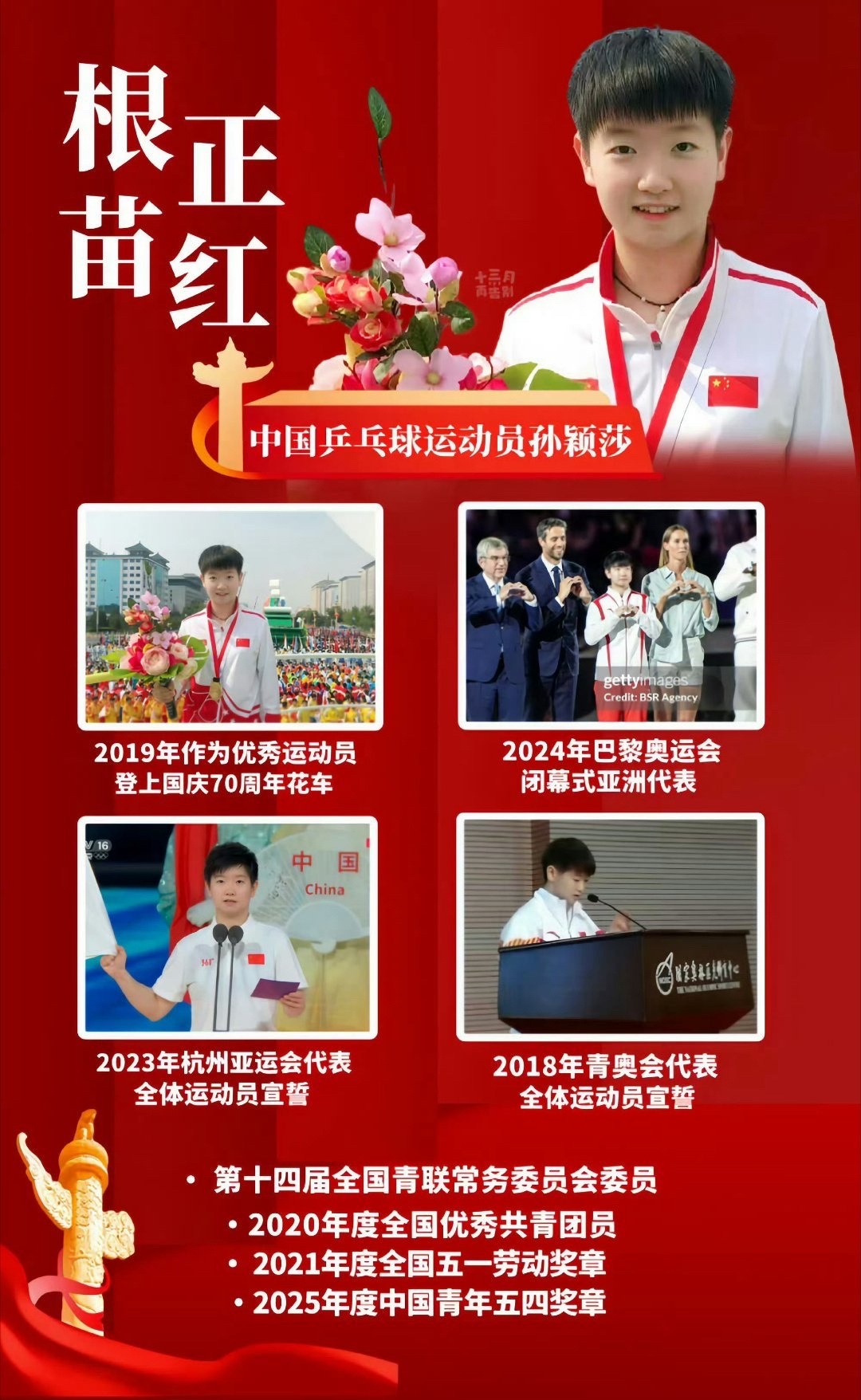 孙颖莎2023年9月23日杭州亚运会开幕式上，22岁的孙颖莎作为运动员代表庄严宣