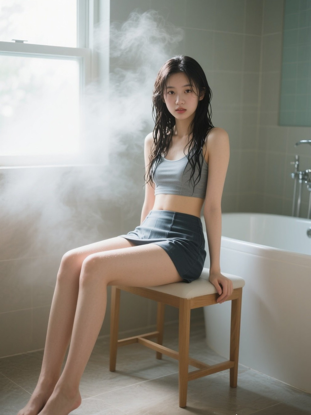美眉水润肌肤，浴室写真诱人