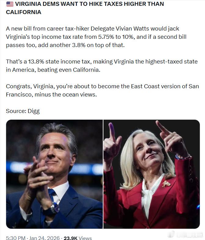 弗吉尼亚州的民左党想把税收提高到比加利福尼亚还高一项由“职业加税者”代表薇薇安·