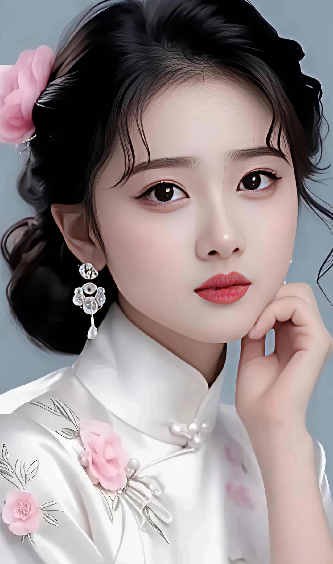 温婉古典的东方美人，精致妆容与传统服饰相得益彰。