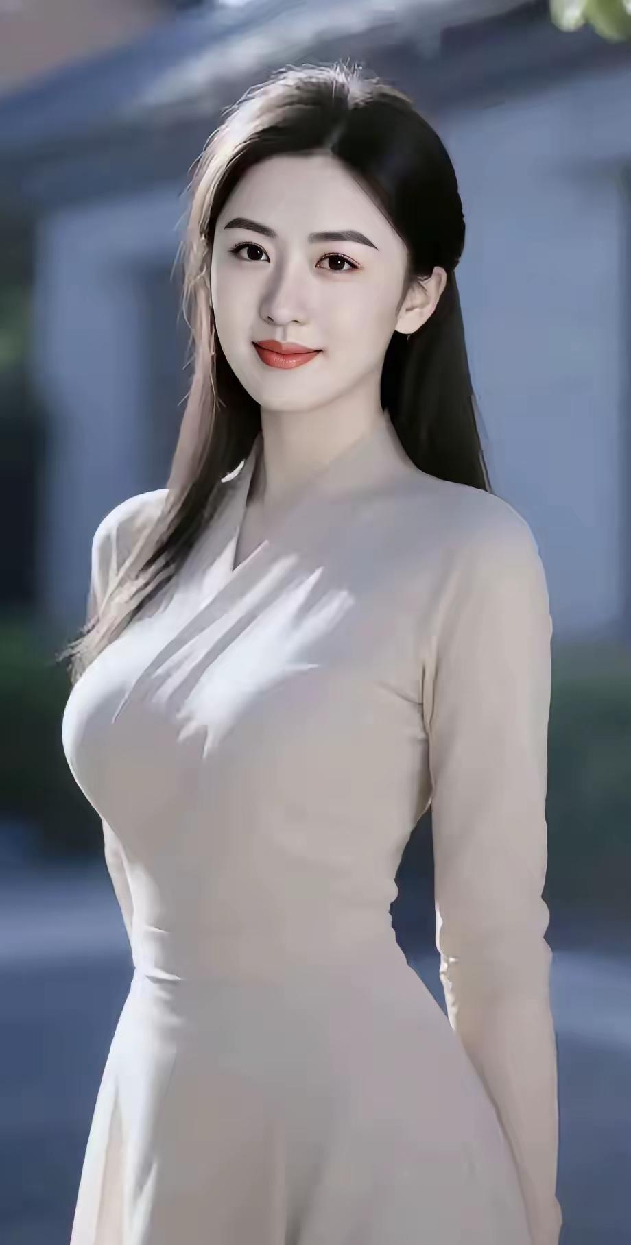 这姑娘穿着白色连衣裙，看起来好漂亮。