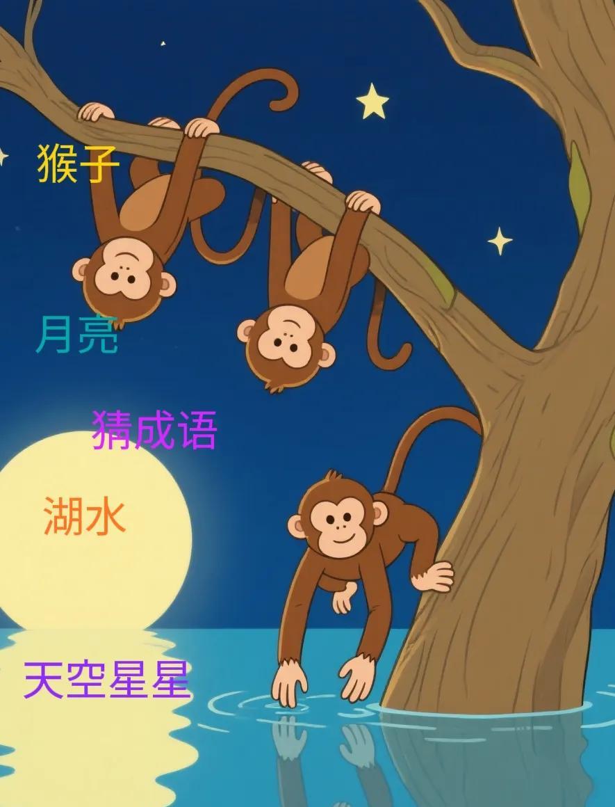 猴子<em>捞月</em>，一场空你也在干这事吗？画面里，一群猴子倒挂在树上，伸手去够湖里的<em>月</em>