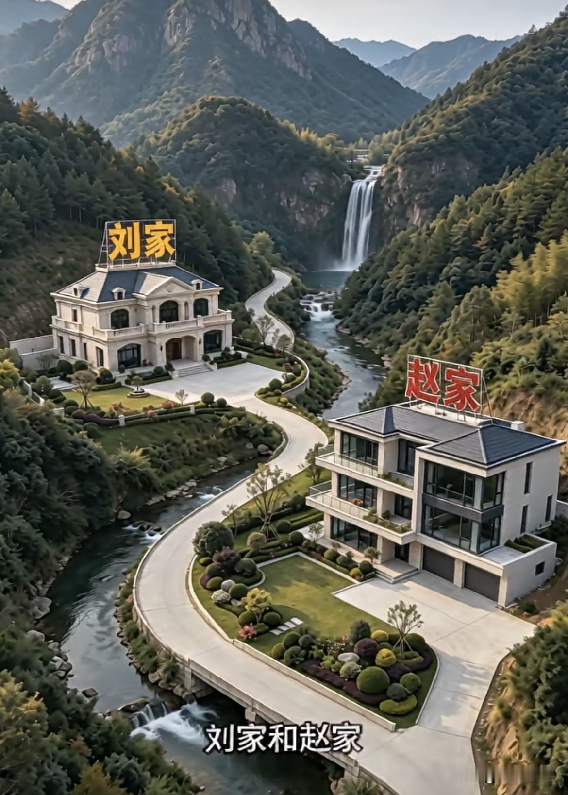 刘家和赵家，将房子🏠建在了同一个山谷中。各自选择不同的位置。两家共同出资一