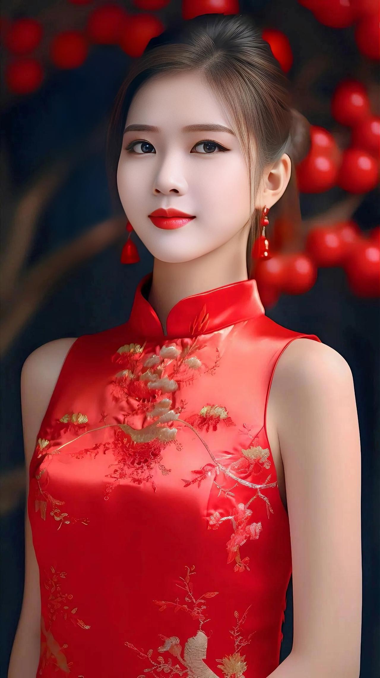 红锦旗袍美人一树红果衬芳颜，红缎旗袍身上穿。金线绣花衣上展，盘扣立领