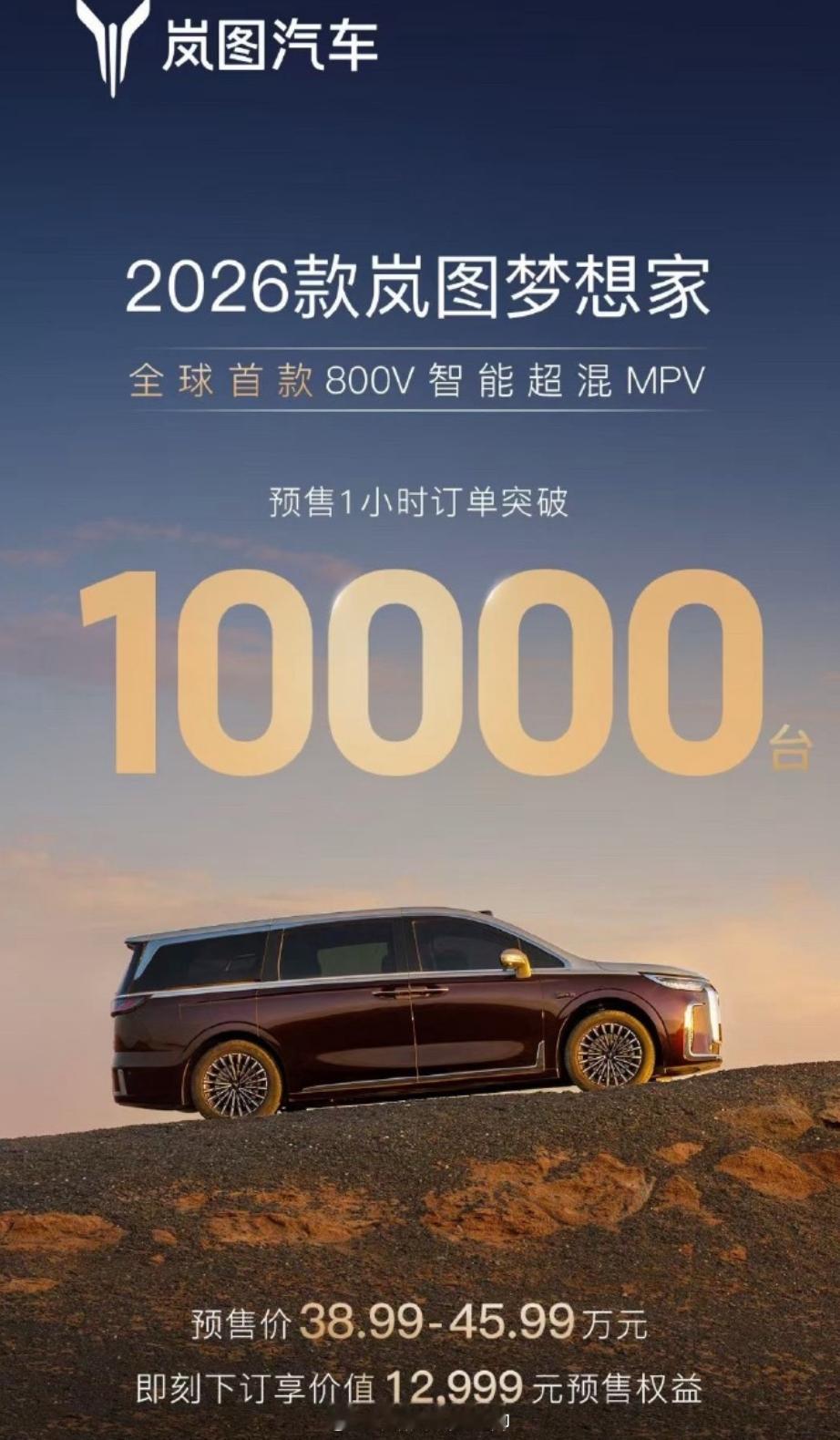 26款岚图梦想家预售1小时订单突破10000台！！！作为全球首款800V超混MP