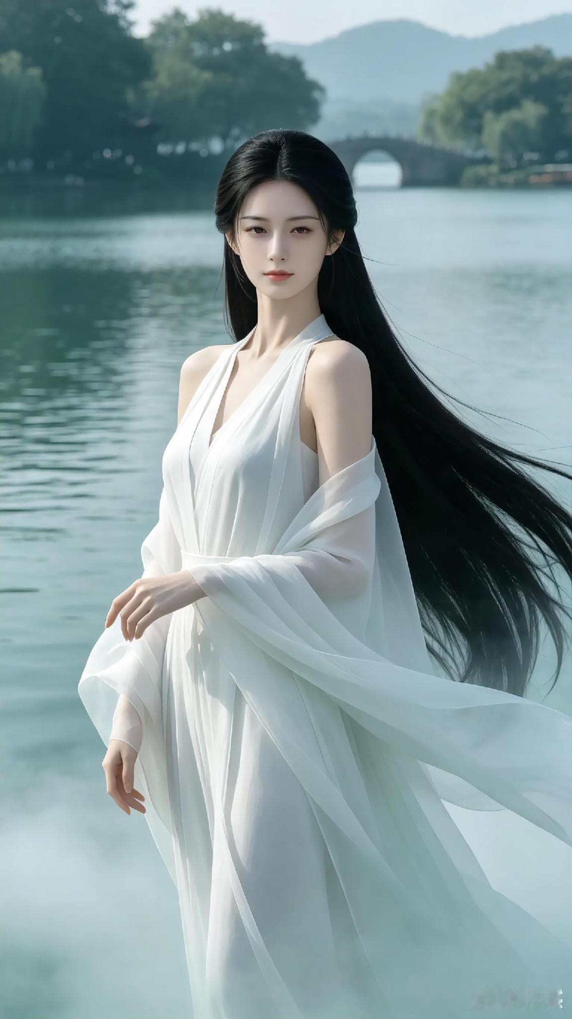 西湖边，雾气衬托出古风美女，仙气飘飘。AI古风美人照AI古风少女照A