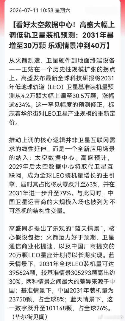 商业航天看来周一还要涨！高盛刚把2031年低轨卫星预测从4.2万颗掀到