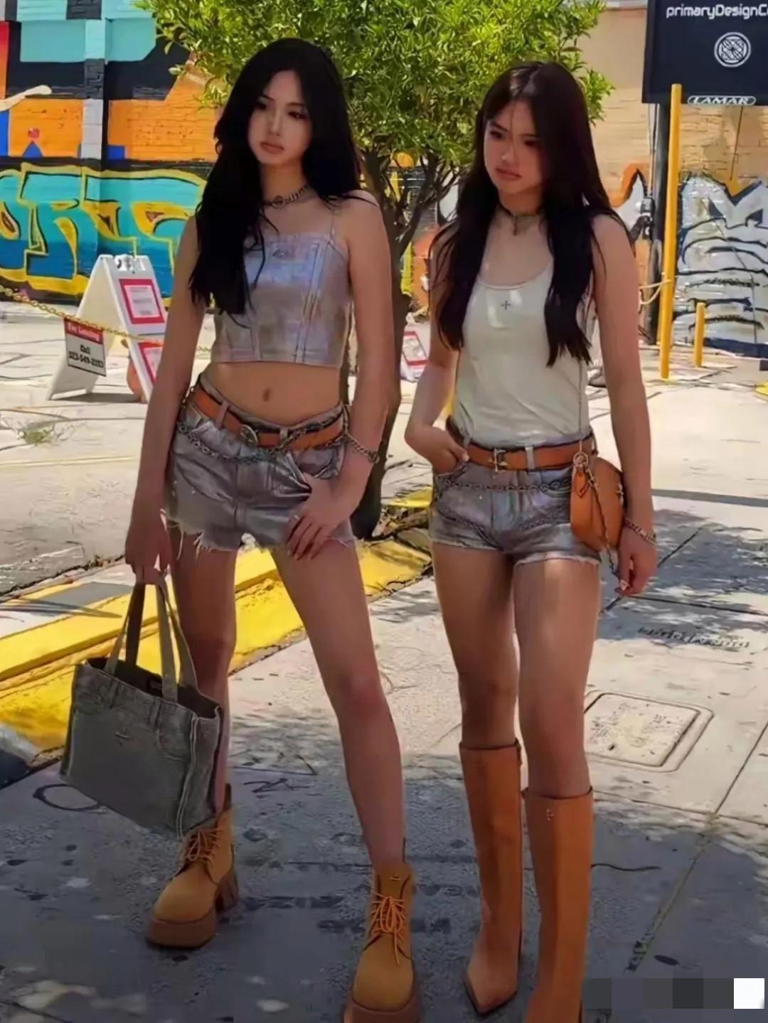 钟丽缇的两个女儿身材正点，玲珑有致，秀发柔顺垂肩，玉腿笔直修长，衣着时尚给力，面