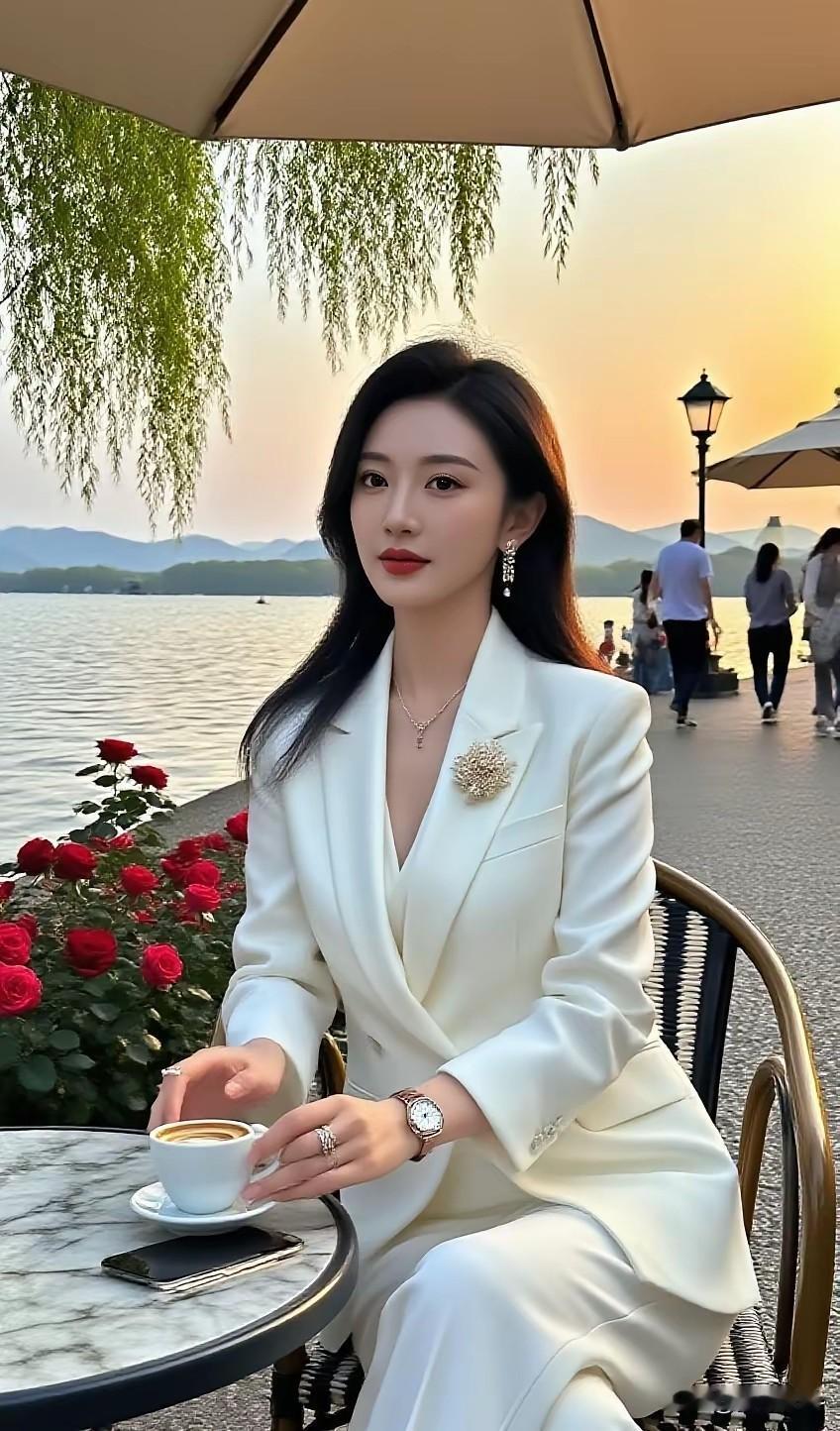优雅下午茶时光，湖畔白衣女子，咖啡与玫瑰相伴。